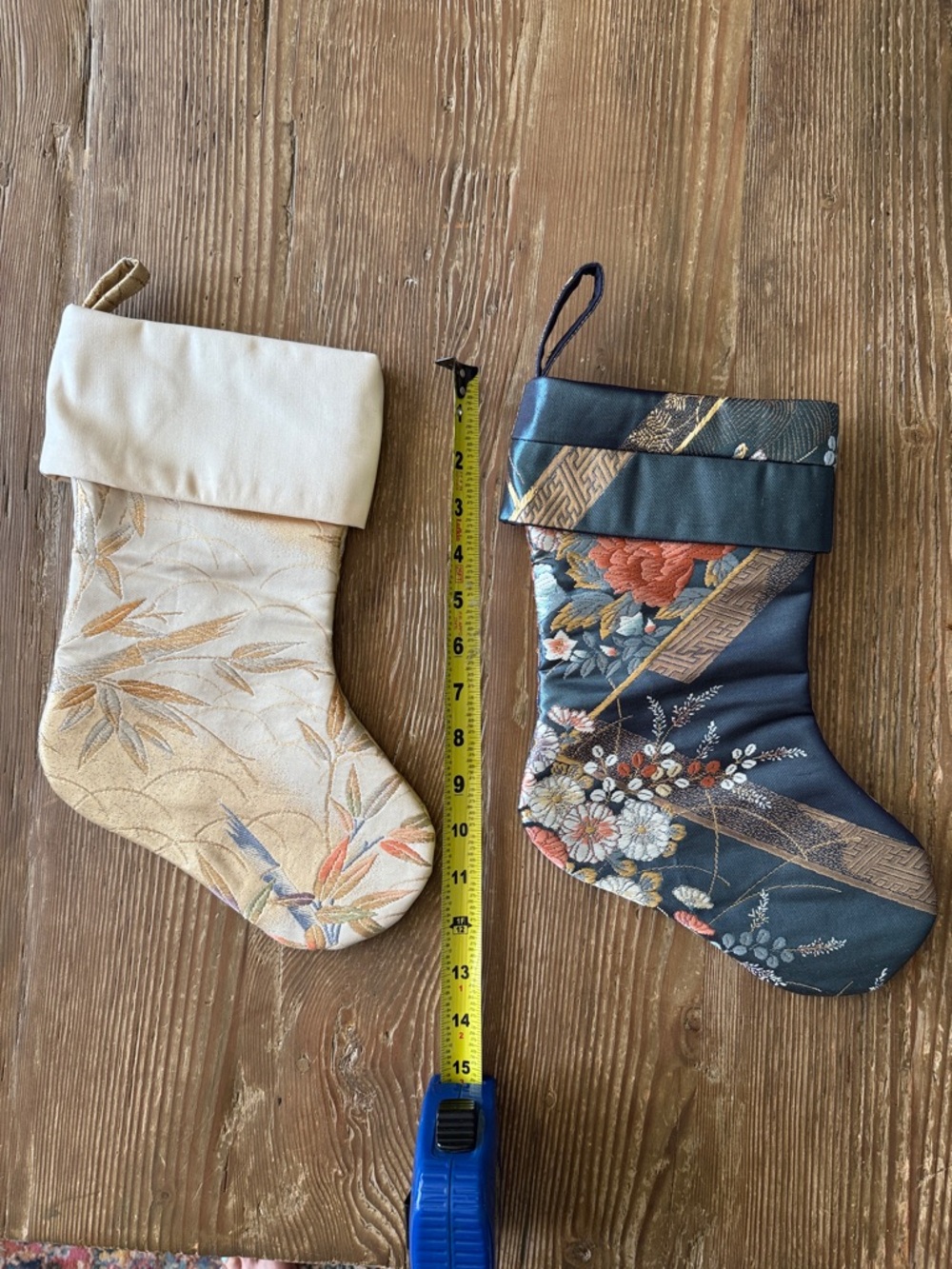Hand Crafted Cream and Navy Asian Floral Embroidered Holiday Stocking Pair